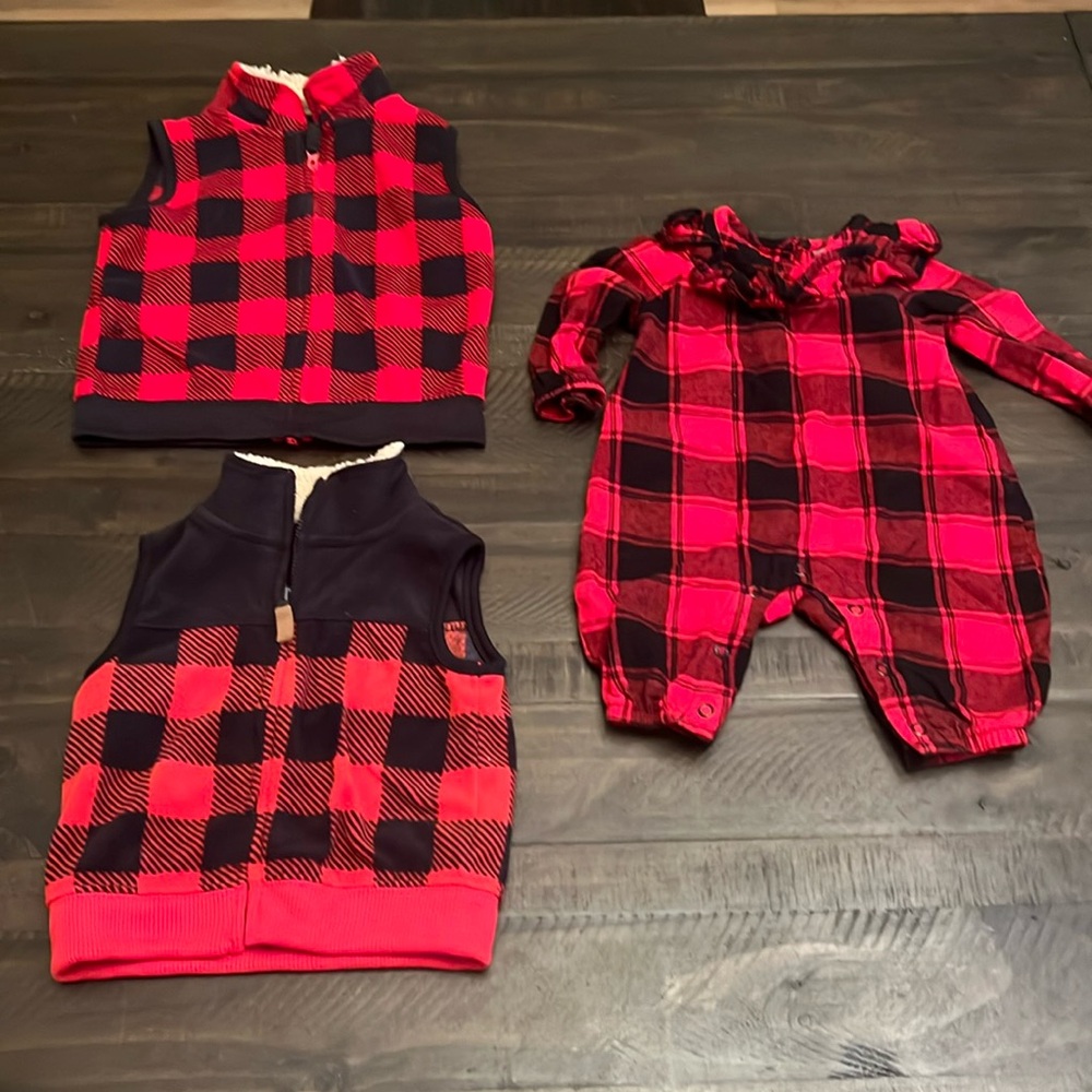 2 vests (9 month and 24 month) 1 romper (3-6 month) red and plaid- all 3 pieces